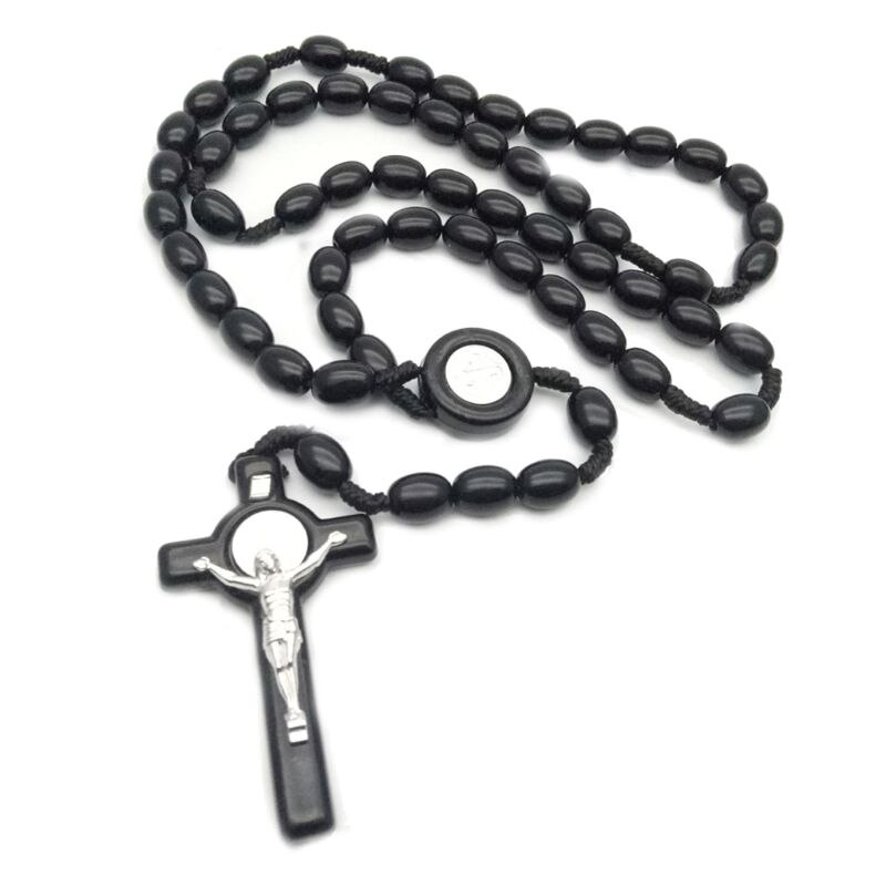 Jesus Holz Perlen 8mm Rosenkranz Perle Kreuz Anhänger Halskette gewebte Seil Kette Schmuck Zubehör: BK