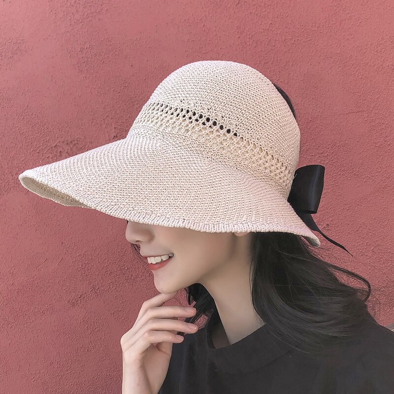 Luna&delfin kvinnor sommar solhatt strand hopfällbar hatt svart rosett khaki solskyddsmedel temperament platt stor brätte halmhattar utomhus: Beige