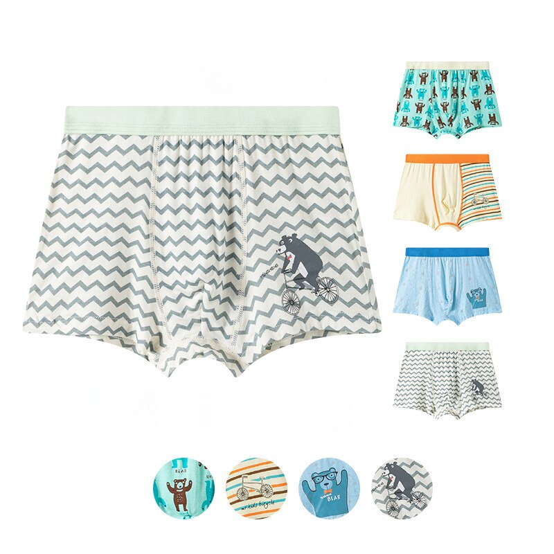 4Pcs/1lot Kids Boys Cartoon Print Underwear Children Cute Bear Pattern Boxers Teenage Boys Cotton Underpants Age For 3-14Y