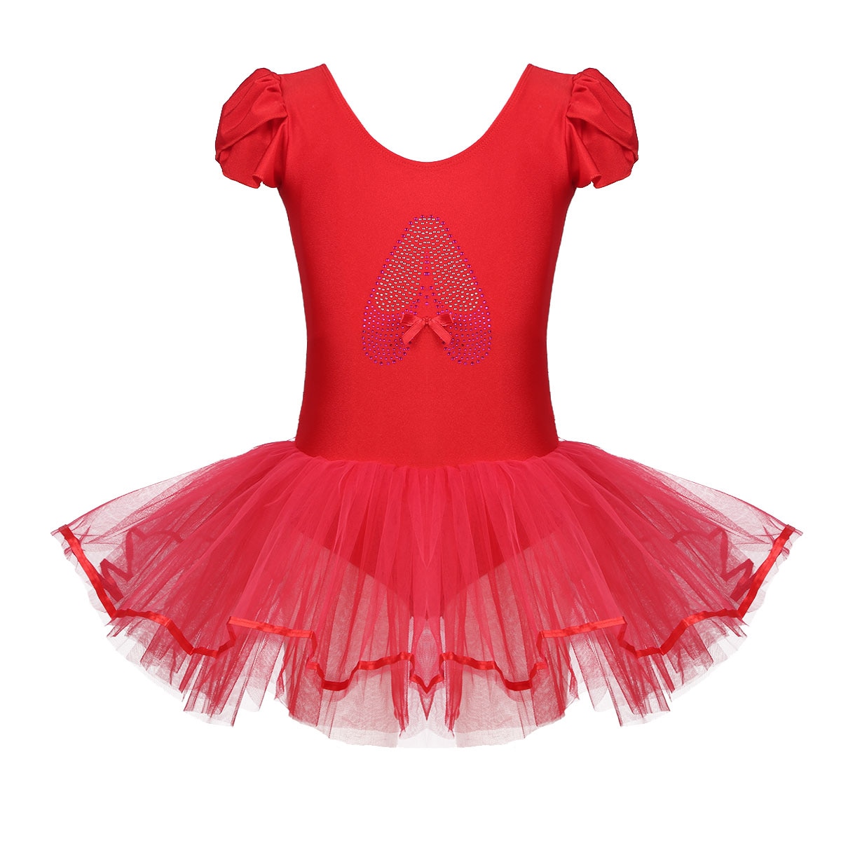 Kids Girls Pink Ruffled Cap Sleeves Sequined Ballerina Shoe Pattern Ballet Dance Gymnastics Leotard Tutu Mesh Dance Dress Briefs: Red / 2XL