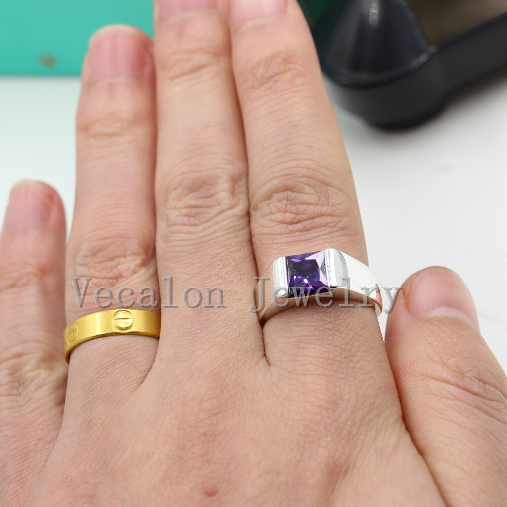 Vecalon Male Jewelry Princess Cut 4ct purple Cz 925 Sterling Silver Engagement wedding Band ring for Men Sz 8-12