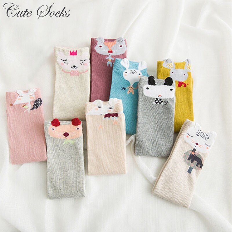 Focusnorm Baby Girl Knee Socks Soft Warm Socks Cute Long Colorful Cotton Print Cute Animal Fit Socks