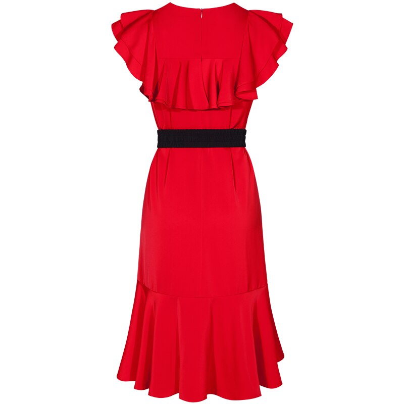 YIGELILA automne nouveautés robe rouge col rond sans manches de robe de fête de mariage genou-longueur à volants manches robe 65374