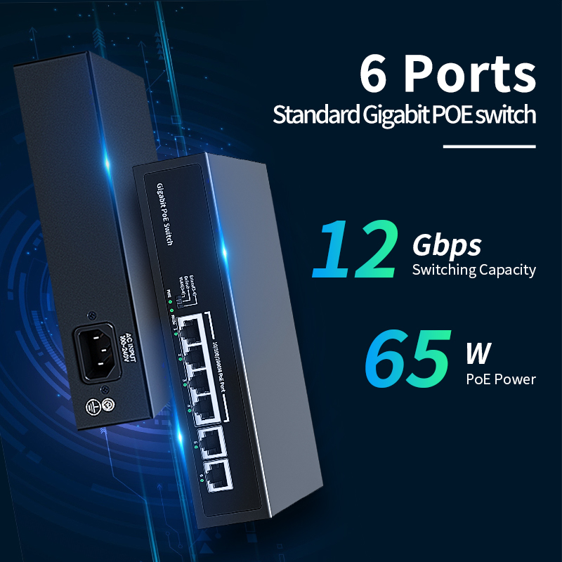 HORACO Switch POE Gigabit a 6 porte 1000Mbps Switcher di rete standard intelligente Hub Splitter Internet per telecamera IP, NVR, sorveglianza