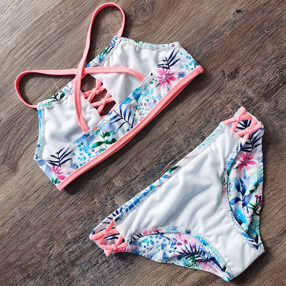 5-14 jahre Mädchen Badeanzug Aushöhlen Teenager Mädchen Bikini einstellen tropisch Blume freundlicher Bademode Mädchen Badeanzug beachwear