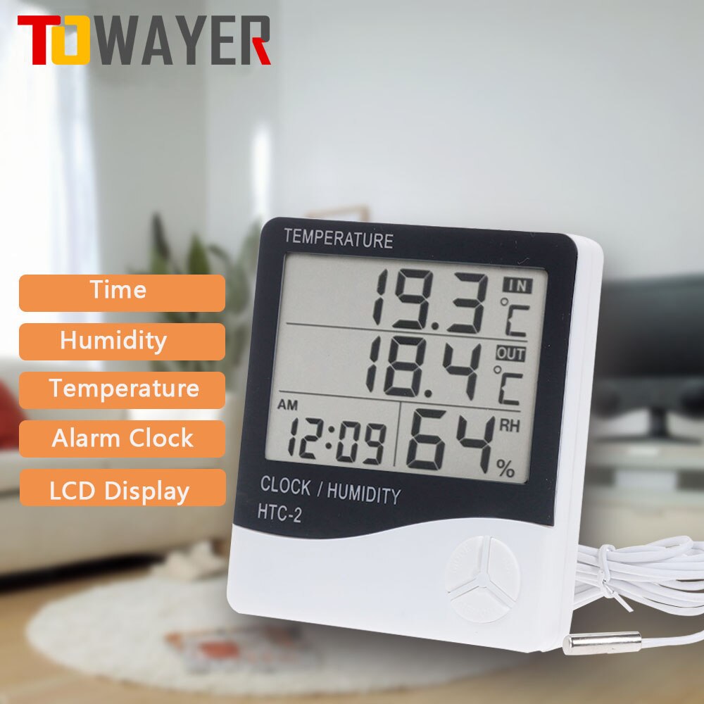 LCD Digital Temperature Humidity Meter Home Indoor Outdoor Electronic Thermometer Hygrometer Weather Station With Alarm Clock