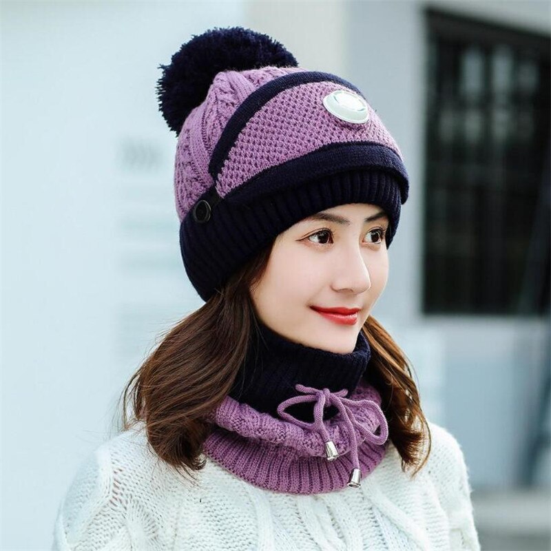 3 Pieces Set Women's Knitted Hat Scarf Caps Neck Warmer Winter Hat for Ladies Girls Skullies Beanies Warm Fleece Caps