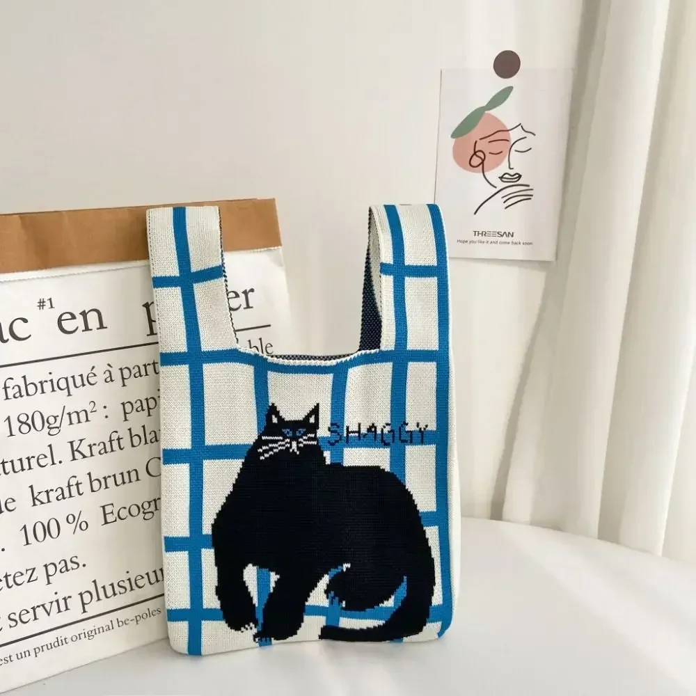 Katten Gebreide Handtas Mode Gebreide Handgemaakte Boodschappentassen Met Hoge Capaciteit Knoop Pols Tas Meisjes: Sky Blue