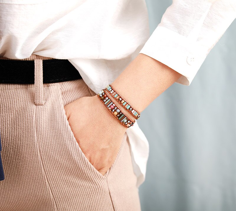 in Pelle esclusivo Boho Braccialetti Attorcigliati W/pietre Perline di Cristallo 2 fili Del Braccialetto Del Polsino Vitange Braccialetto Del Braccialetto Dropshipping