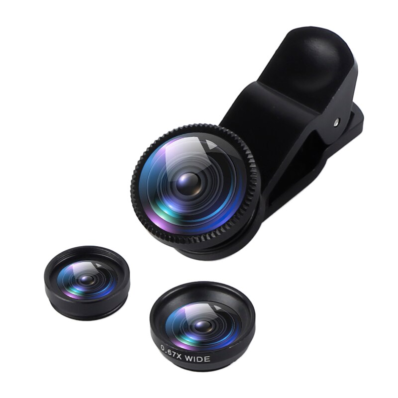 3 in 1 vidvinkel makro 180 graders fiskeøjeobjektiv kamera kits mobiltelefon fisk øjenlinser med klip 0.67x til iphone samsung htc: Sort