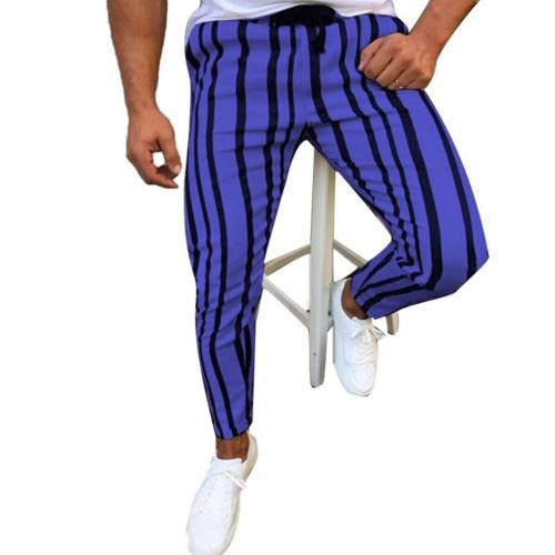 Pantalon Chic homme rayures verticales imprimé cordon pantalon crayon moulant pantalon de sport: L / Bleu