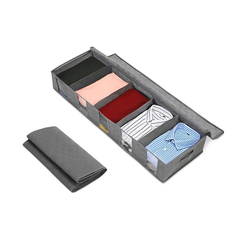 2Pcs Under Bed Clothes Item Storage Dustproof Storage Bag Container Clothes Organizer Foldable 5 Sections & Clear Window