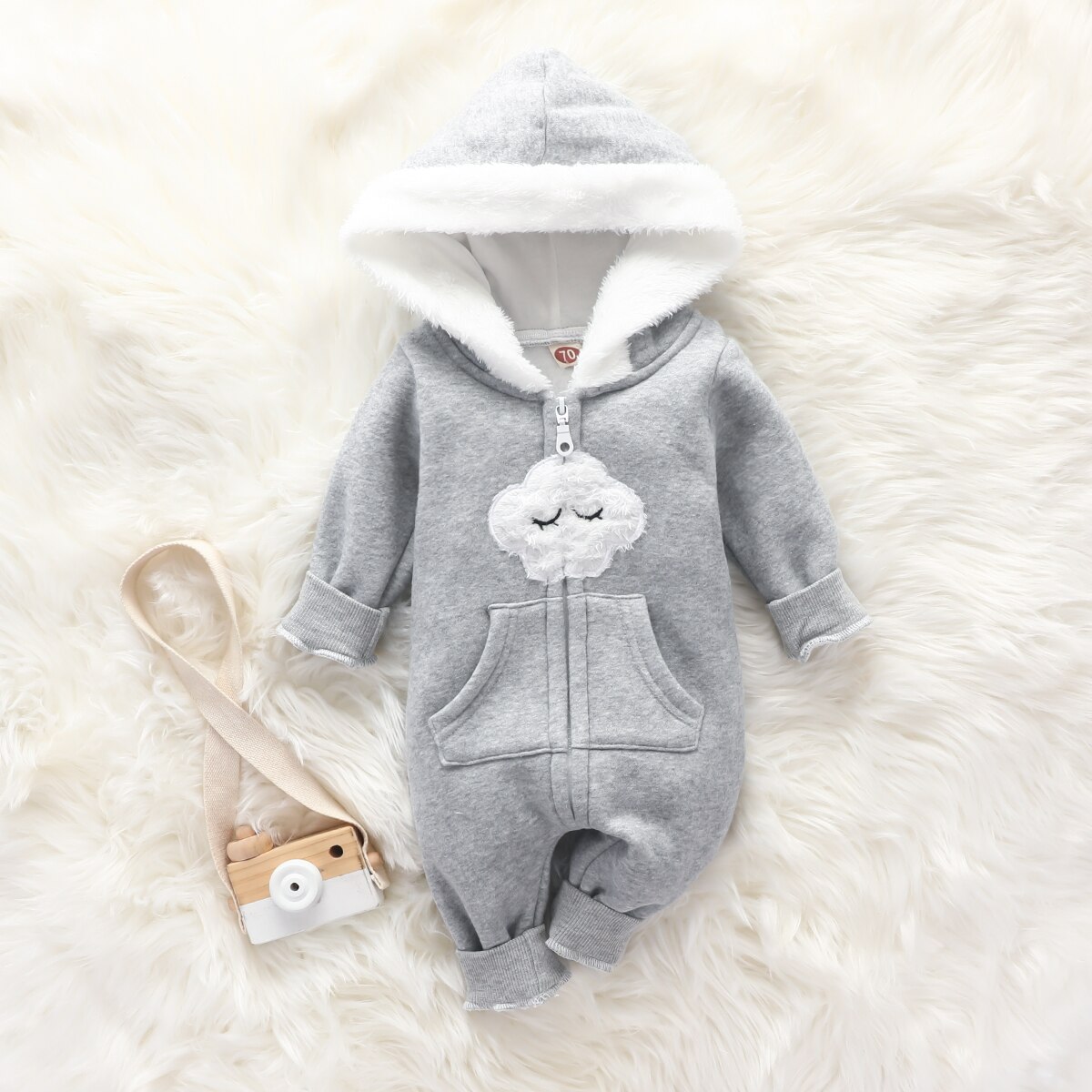 Ropa de otoño para niños pequeños, mono abierto con cremallera de manga larga con capucha polar con patrón de dibujo de nube para bebés Niñas, Niños: 12-18 Months