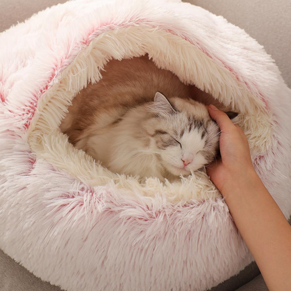 2 In 1 Round Cat Bed Cat Plush Cat Warm Bed House Soft Long Plush Bed For Small Dogs Cats Nest Cat Bed Sleeping Sofa