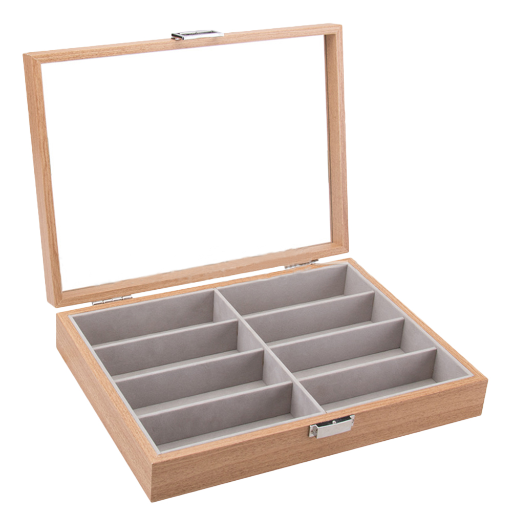 8 Slot Wooden Eyeglass Box Sunglass Storage Container Inner Felt Pad Glasses Display Case Transparent Glass Window