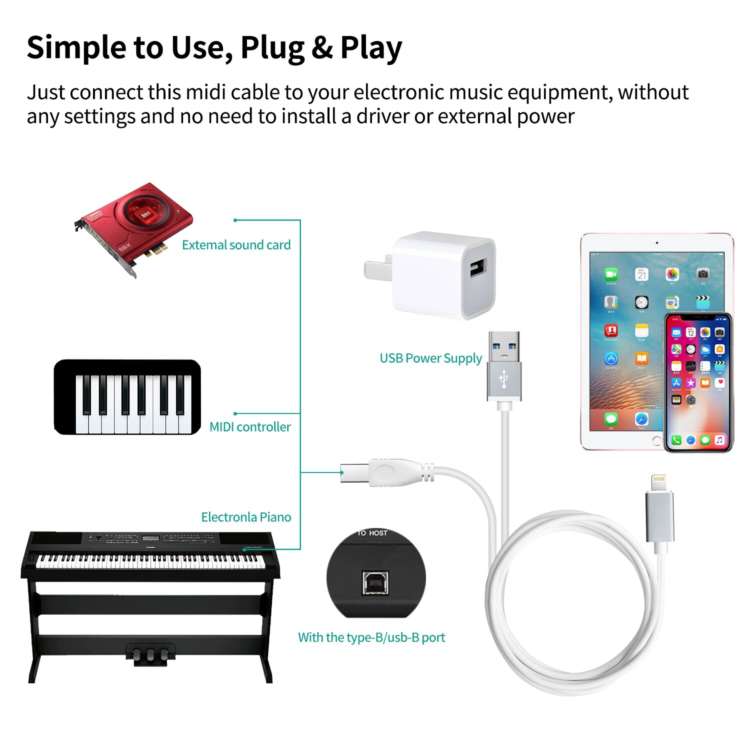 MeloAudio OTG Cable with USB Charging Interface Type B to Midi Controller Compatible iOS Devices to Electronic Music Instrument