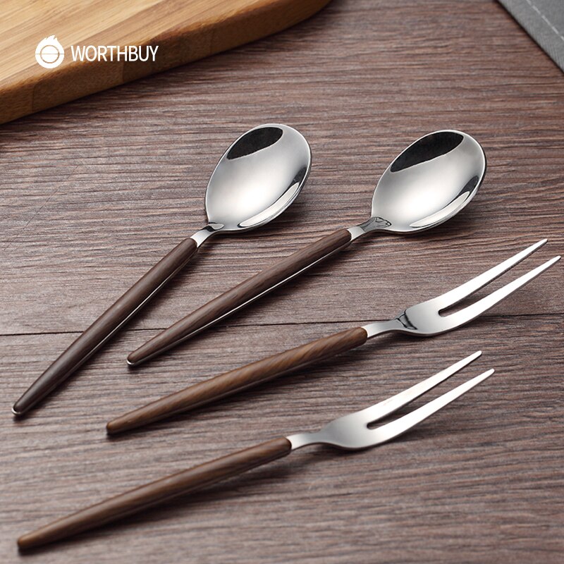 WORTHBUY 2 Pcs/Set Fruit Fork Spoon Set 304 Stainless Steel Salad Fruit Fork Dessert Spoon Bento Food Picks Kichen Accessories