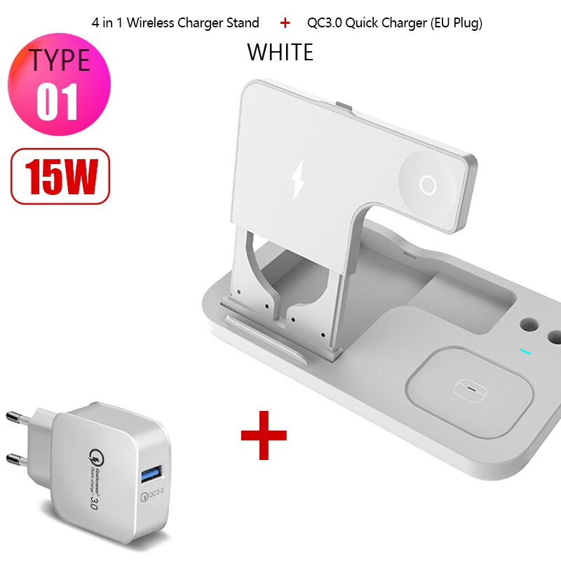 4in1 15W Wireless Charger Fold Stand for Apple Watch 5 4 3 2 iPhone 11 Airpods Pro Pencil Multifunction Wireless Charging Holder: Type1 15W White Q3.0