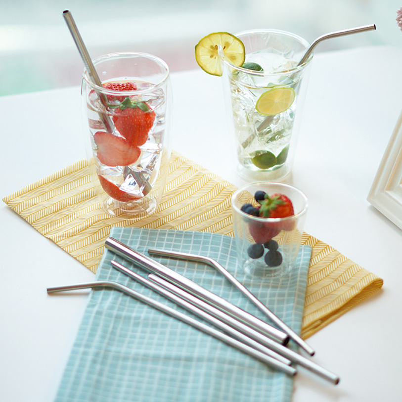 Reusable Metal Drinking Straws 304 Stainless Steel Straw Bent Straight Smoothies Straw with Cleaning Brush Bar Party Accessory