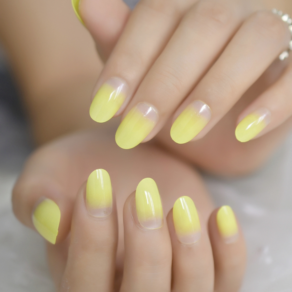 Summer Neon False Nails Ombre Lemon Yellow Oval Short Gradient Press On Fingernails Kit 24 with Glue Sticker: L5239