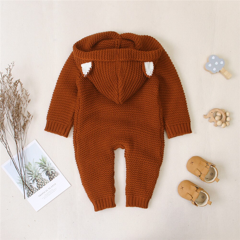 Barboteuse à capuche pour bébés filles et garçons 0-24M, combinaison chaude tricotée à capuche, manches longues, simple boutonnage