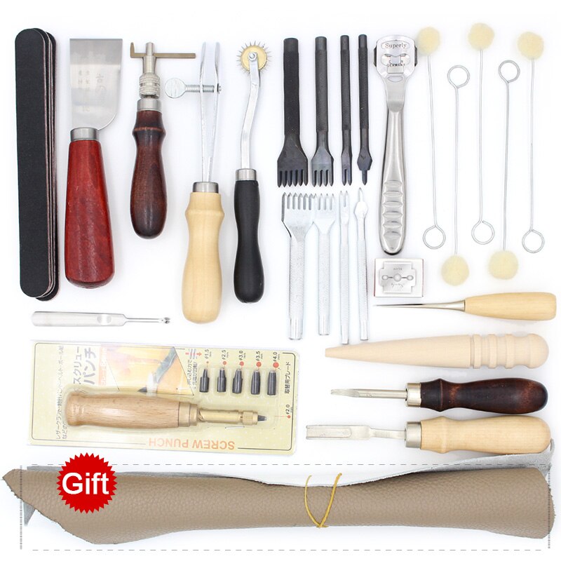 Leather Craft Tools Punching Hole Cutting Knife Suture Needle Basic Hand Stitching Sewing Tools, Manual Peeling Edge Process: Set 16