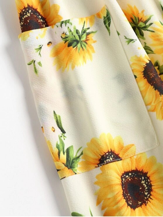 ZAFUL Boho Floral Print Summer Dress V Neck Pockets Sleeveless Midi Dresses Female Sunflower Pleated Backless Button Sexy Dress