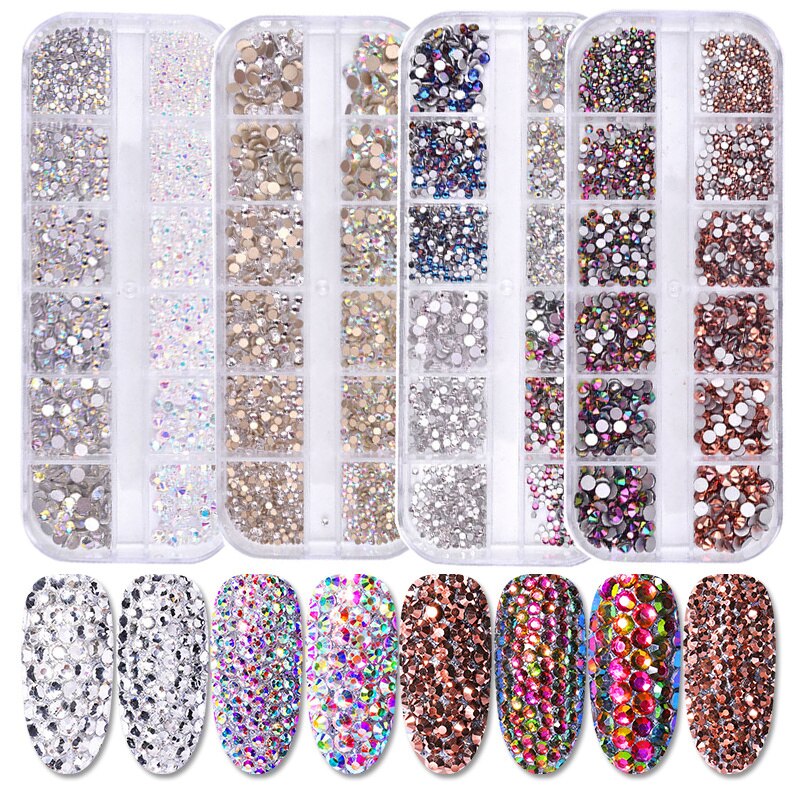 12 gitter farverige krystal nail art rhinestones akryl negle sten perler nitter flad tilbage glitter tips 3d negle kunst dekorationer