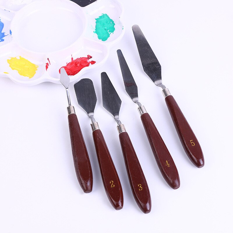5 PCS Wooden Handle Oil Paint Scraper for Acrylic Painting Drawing Palette Watercolor Pigment Graffiti Set Art Supplies