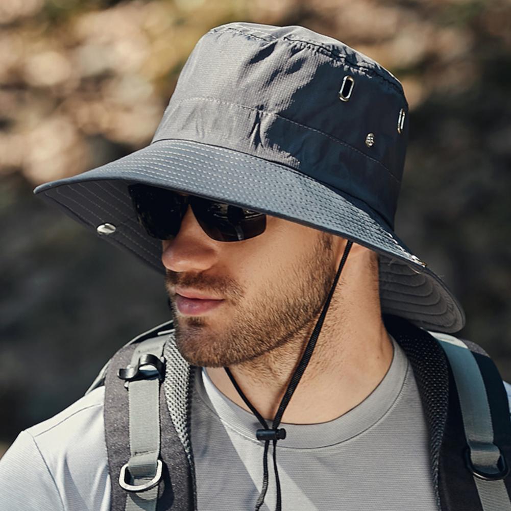 Summer Men Sun Hat Anti UV Sun Windproof Strap Wide Brim Bucket Hat Foldable Portable Travel Cap Fisherman Hat