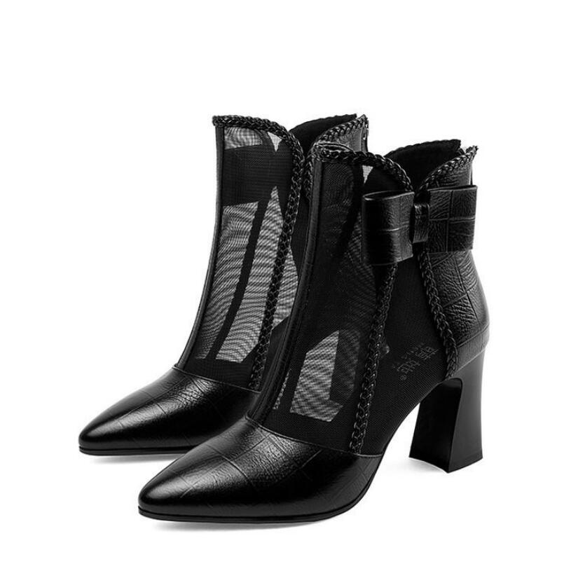 Sandals Boots Women's Mesh Shoes Bowtie High Heeeld Square Heel Pointed toe Woman Summer Heels Back Zip Black Beige