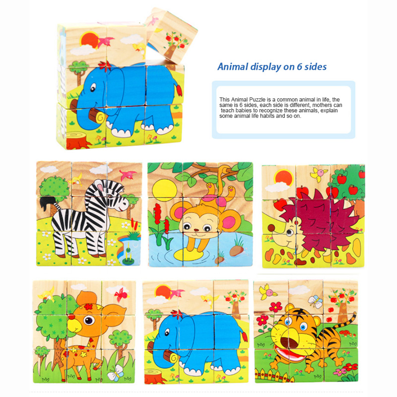 Holz Spielzeug Kinder Puzzle 3D 9 Stück Sechs Seitige Lernen Spielzeug Für Kinder Frühe Pädagogische Tier Obst Muster Kinder