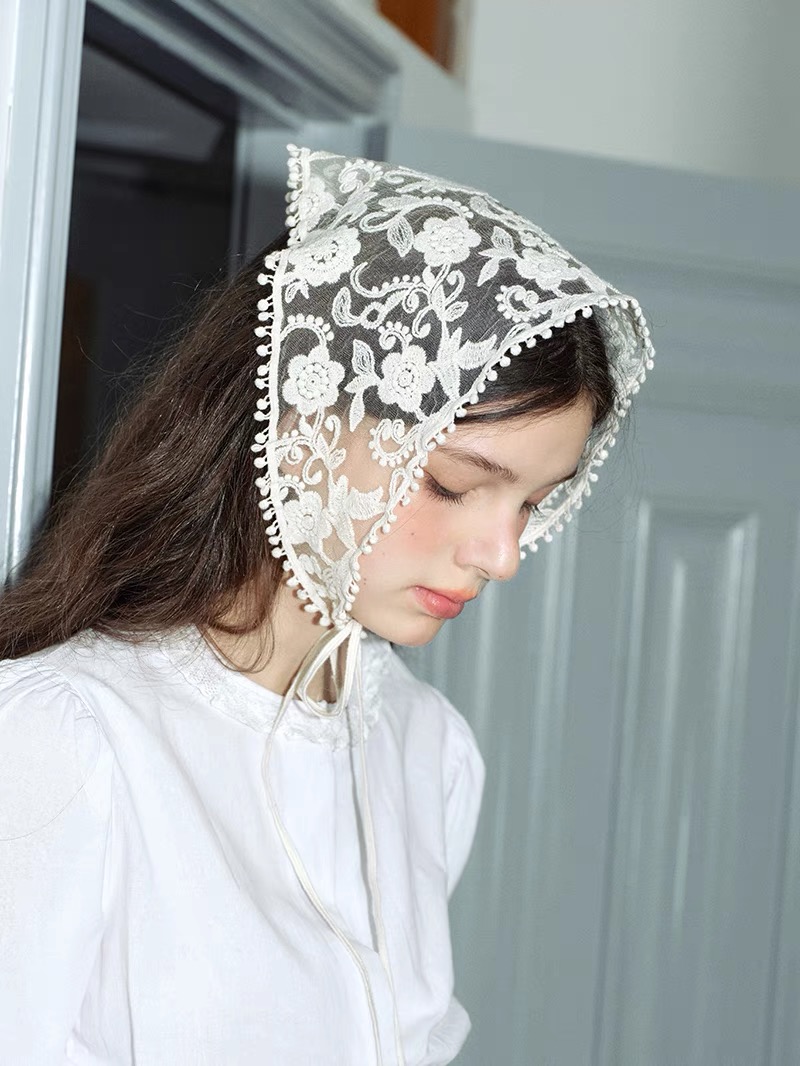 Lenço de cabelo de renda floral tecido branco envolve feminino retro triângulo lenço chapéu viagem foto bandana acessórios para o cabelo