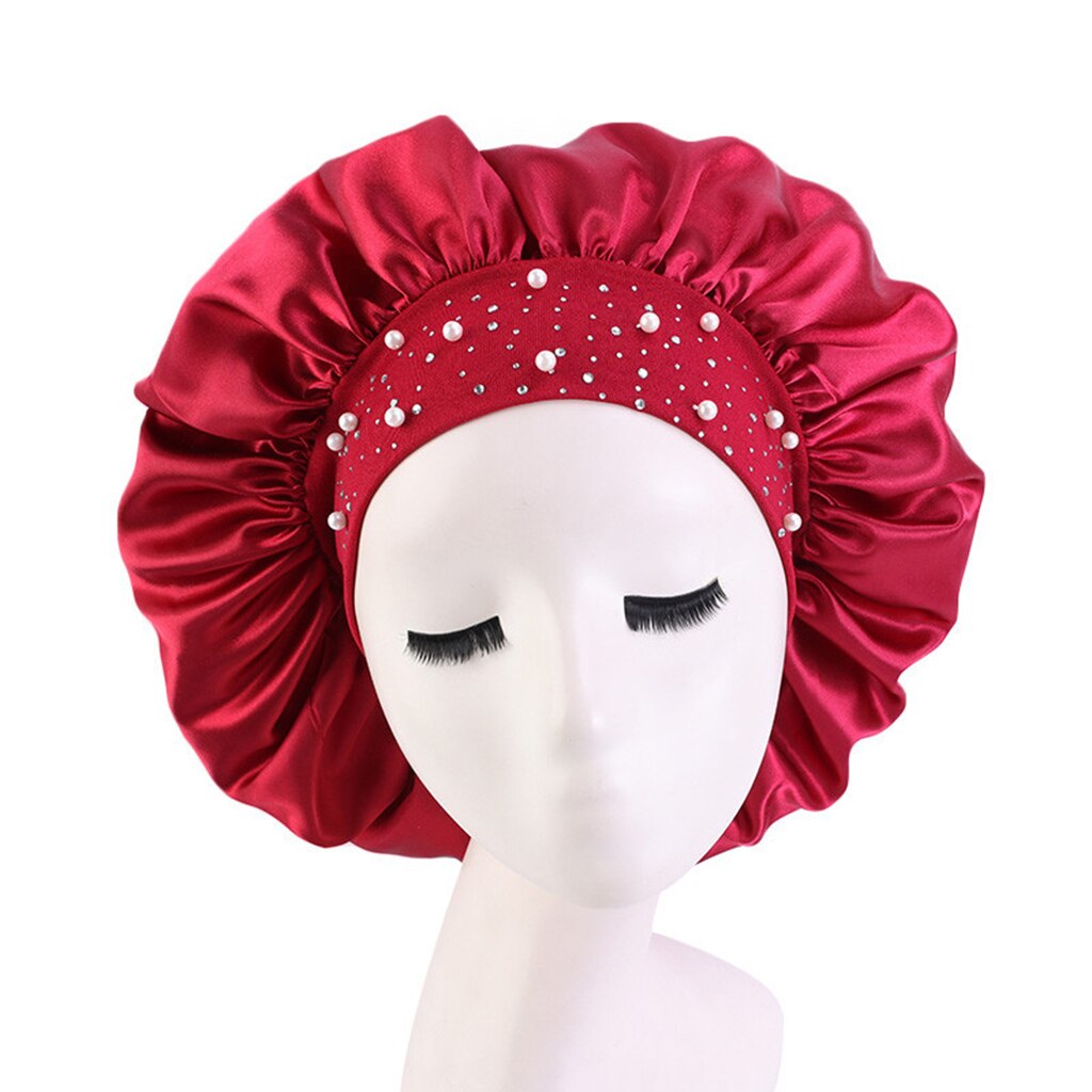 Satin-Haube Mit Perlen & Strass – Schlafhaube Mit Breitem Band | Für Lockiges & Geflochtenes Haar