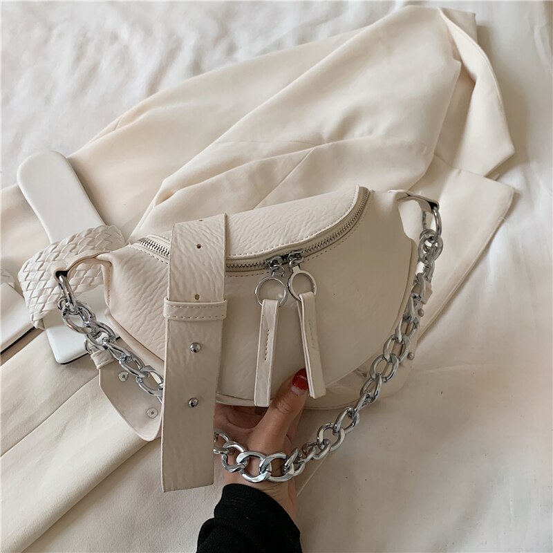 Damer sadeltaske pu læder crossbody taske bryst taske til kvinder kvindelig luksus rejsetaske sølv kæde kvinder taske: Beige