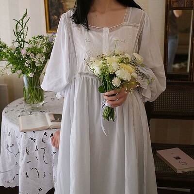 Vrouwen Mooie Nachtjapon Prinses Lange Mouwen Losse Katoenen Wit Nachthemd Lange Mouw Retro Paleis Zoete Koreaanse Slapen Gown: Blauw / S