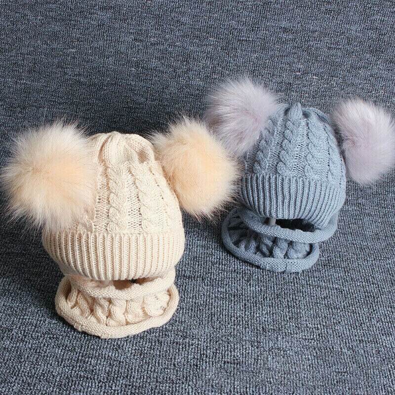 Kit de Gorro con pompón para niño y niña, gorro de punto cálido para invierno, conjunto de bufanda con dos pompones, d88