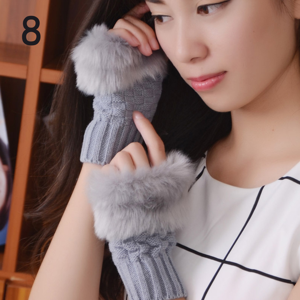 Gants d&#39;hiver en fausse fourrure de lapin pour femme, couleur unie, couvre les manches, plus , sans doigts, tricoté, mitaine, à la: 8