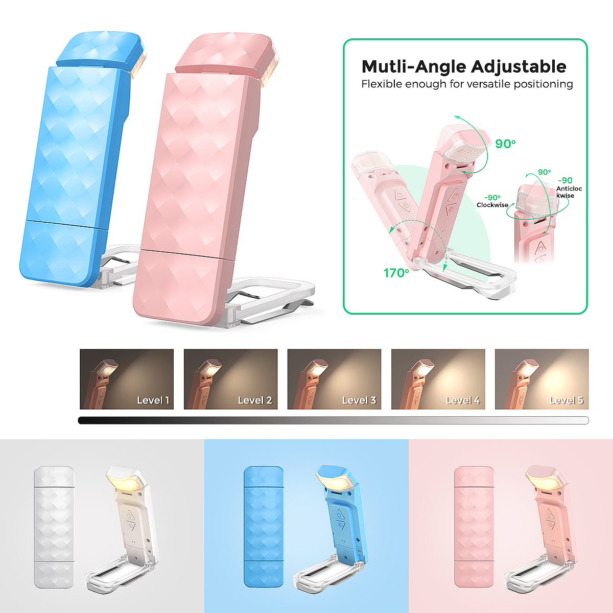 Leselampe, Buchklemme, augenfreundliche Bettleselampe mit 3 Farben und 5 dimmbaren Helligkeiten, wiederaufladbare Buchlampe, Buchre