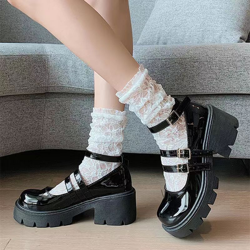 Lolita Sweet White Pile Socks para Mulheres, Mesh Fishnet, Thin Nylon Silk, Retro Flower Lace, Ladies Hollow Transparent Crew Socks: Cáqui