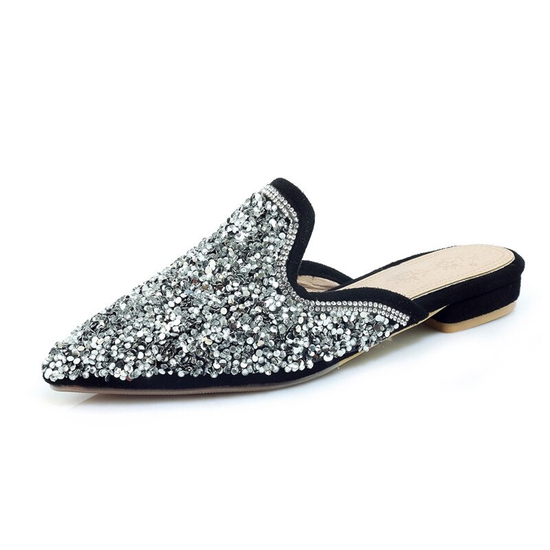 Muły buty damskie szpiczasty nosek panie Bing płaskie kapcie na zewnątrz poślizgu na lato brokat buty na pasku srebrny czarny rozmiar41 42 43