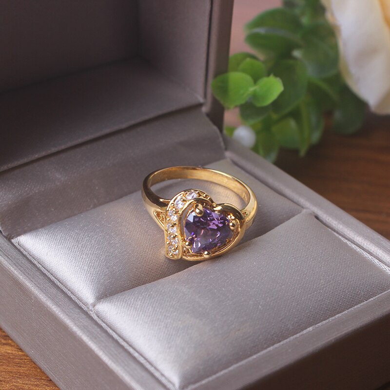Ajojewel Gold Color Heart Zirconia Women Rings For Bride Wedding Purple Crystal Ring Engagement Ring Girl Bague