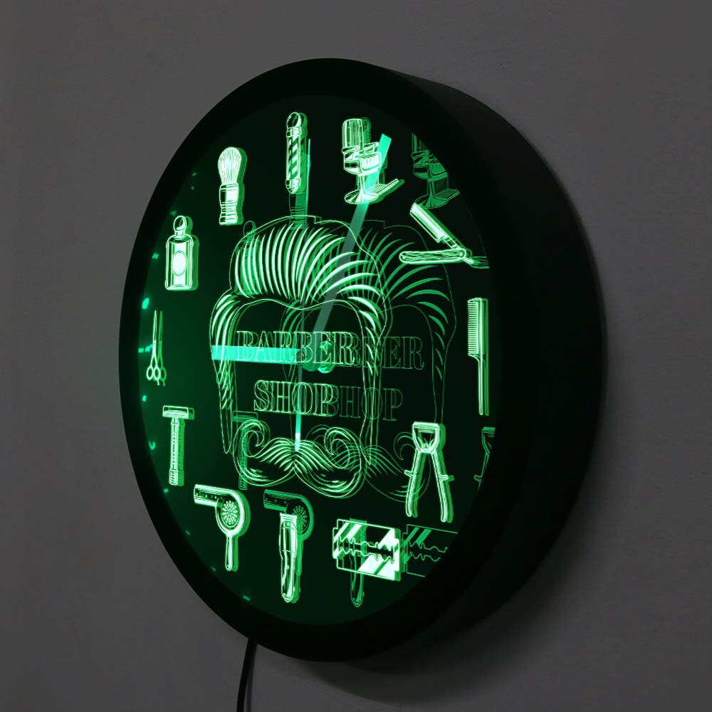 Letrero de negocios LED para barbería, herramientas de peluquero, reloj de pared LED de neón, cambia de Color, reloj de pared moderno con iluminación LED