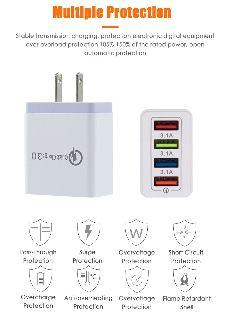 American Wire Gauge 4USB Mobile Phone Charger 5V3A Multi-port Travel Charger Mobile Phone Chargers