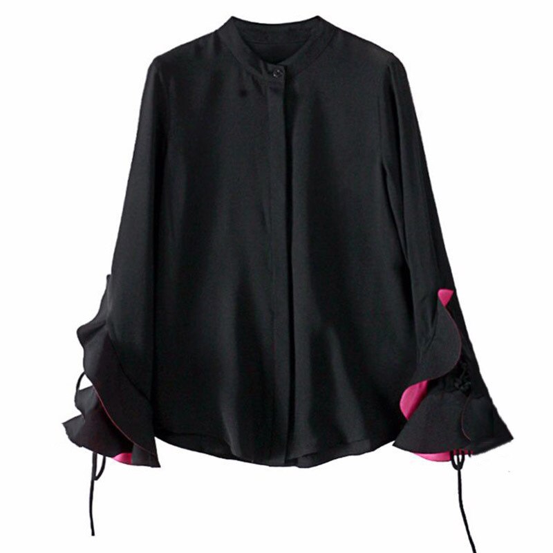 Vgh patchwork blouses voor dames ronde hals flare lange mouwen bandage hit kleur ruches shirts dameskleding herfst: Zwart shirt / M