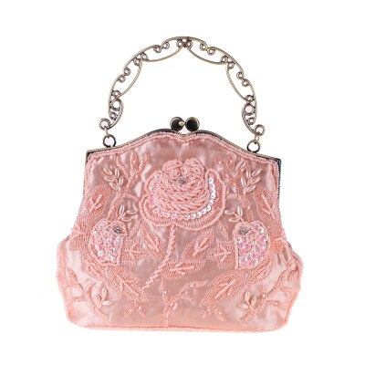 Vintage silk embroidered dinner bag classic cheongsam bag beaded bag hand craft dress matching bag: Pink