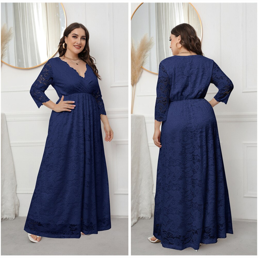 Spring European And American Style Plus Size V-Neck Evening Dress Hollowed Out Lace Dress For Women