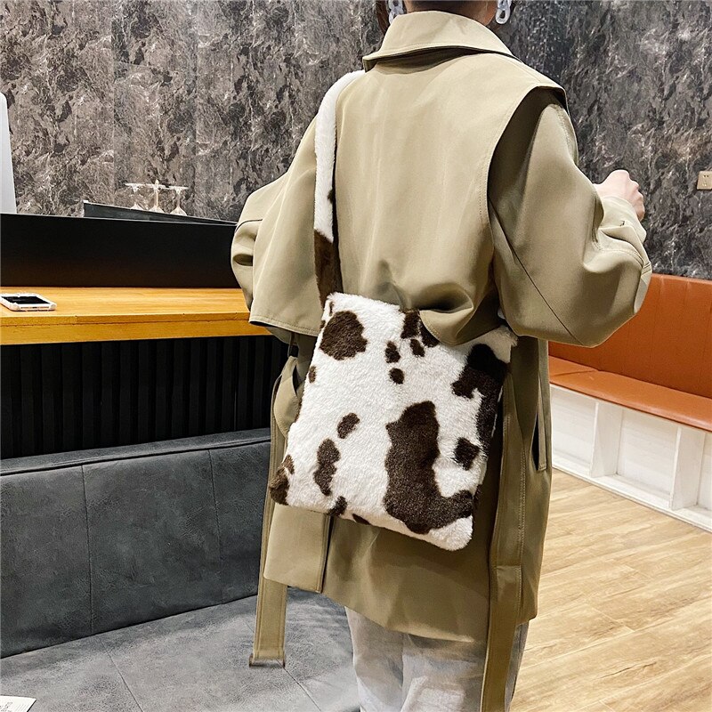 Leopard Print Crossbody Bags For Women Autumn Winter Plush Soft Shoulder Messenger Bags Ladies Fluffy Handbag And Purse