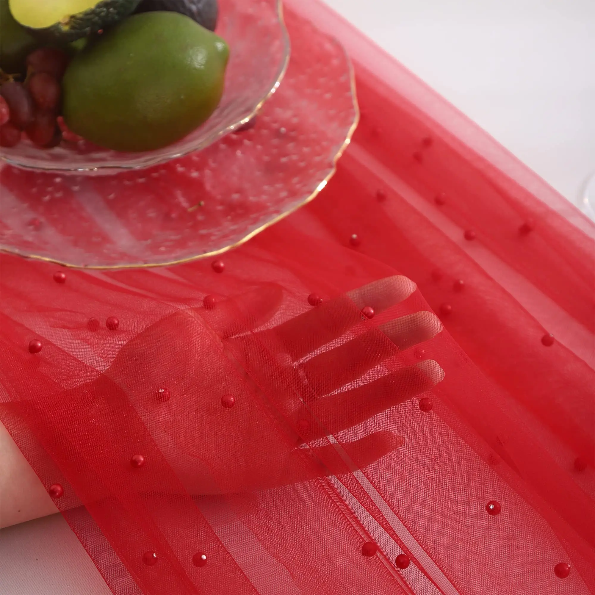 Pearl Table Cloth Wedding Table Runner Decor Tulle Fabric Lace Table Runner for Birthday Party Wedding Arch Veil Decorations: 30*220cm / Red