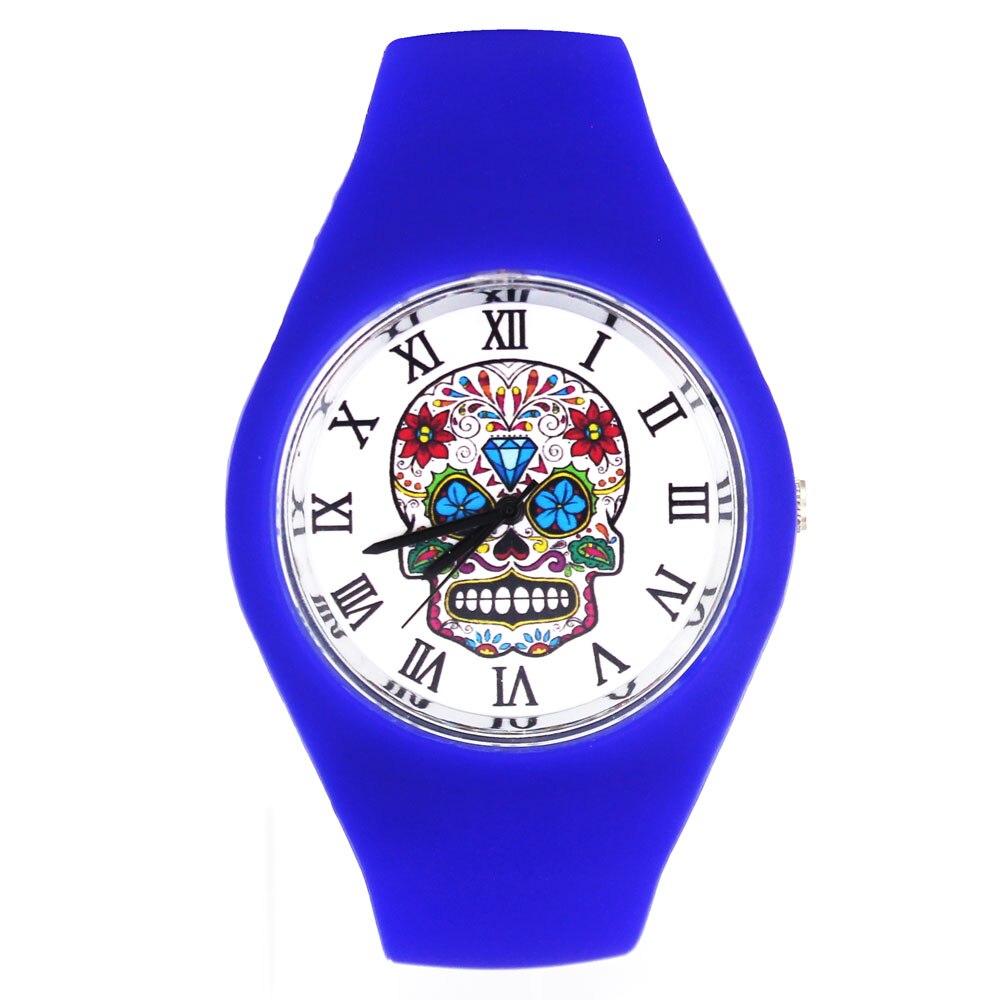 Ghost Skeleton Watches Flower Skull Halloween Women Men Silicone Band Sport Quartz Wrist Watch: Blue